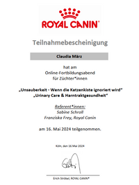 Zertifikat Royal Canin, Claudia M&auml;rz, Thema: Unsauberkeit bei Katzen